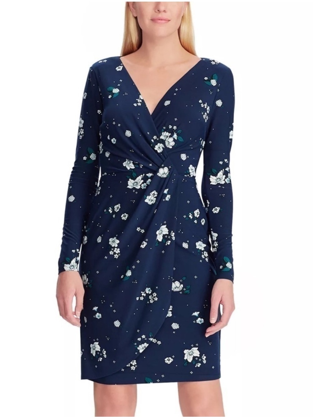 Chaps Navy Floral Faux Wrap Dress Gathered Waist Large Knee Length Classic